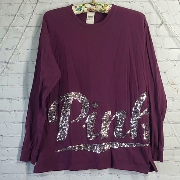 2016 Victoria's Secret PINK Maroon Sequin Logo Spellout Long Sleeve Tee Size S - Picture 1 of 17